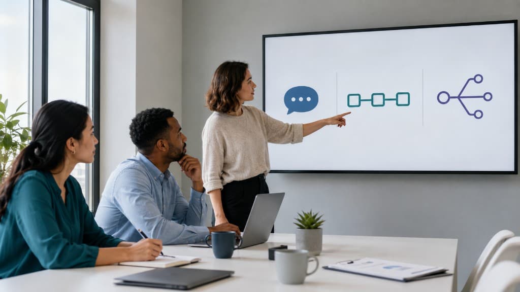 A TechArk team discussing chatbots, workflow automation, and AI agents on a conference room screen