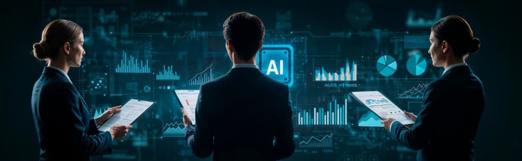 Business leaders reviewing AI readiness metrics on a holographic dashboard with charts and an AI icon