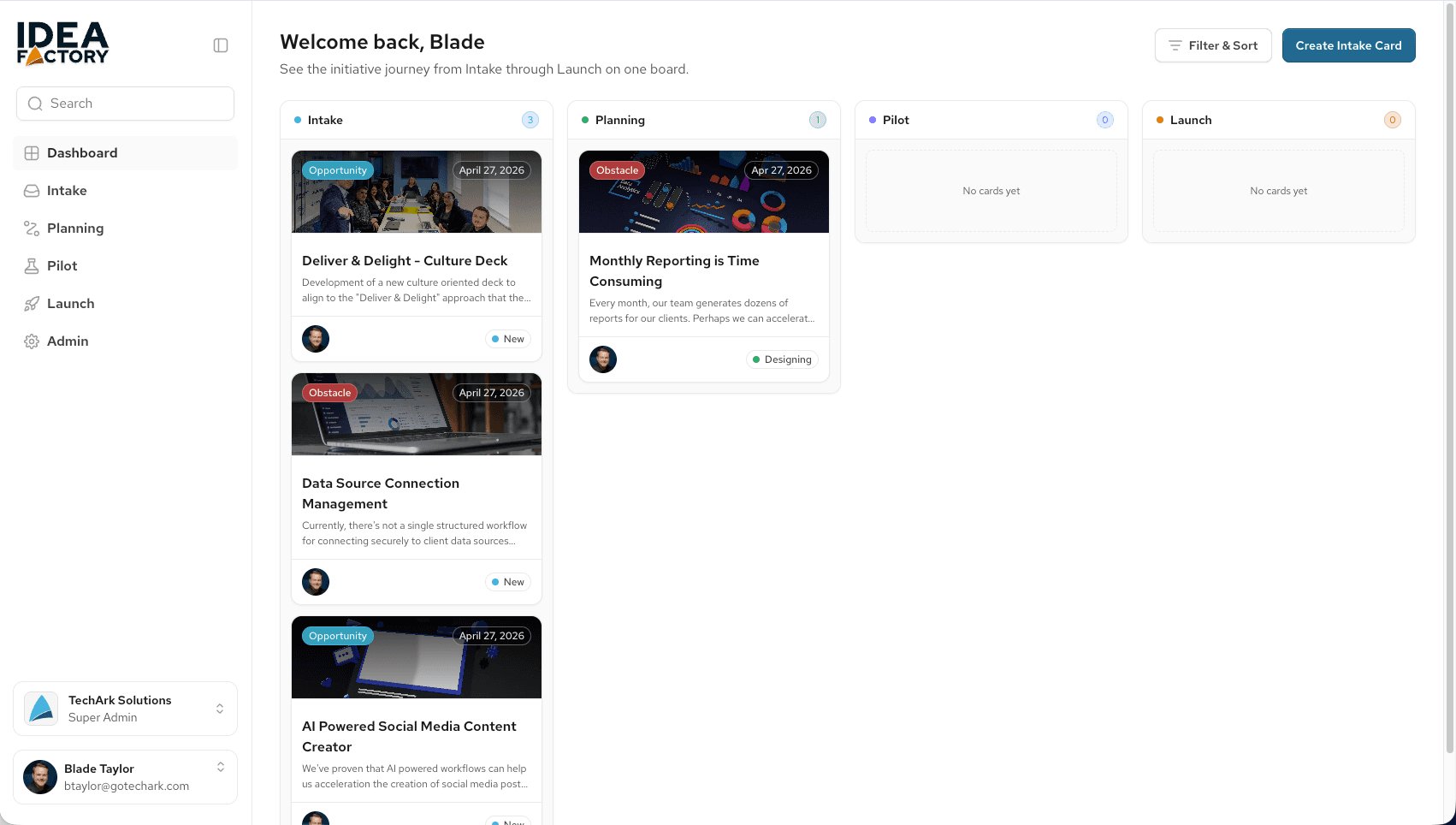 Screenshot of the Idea Factory platform dashboard