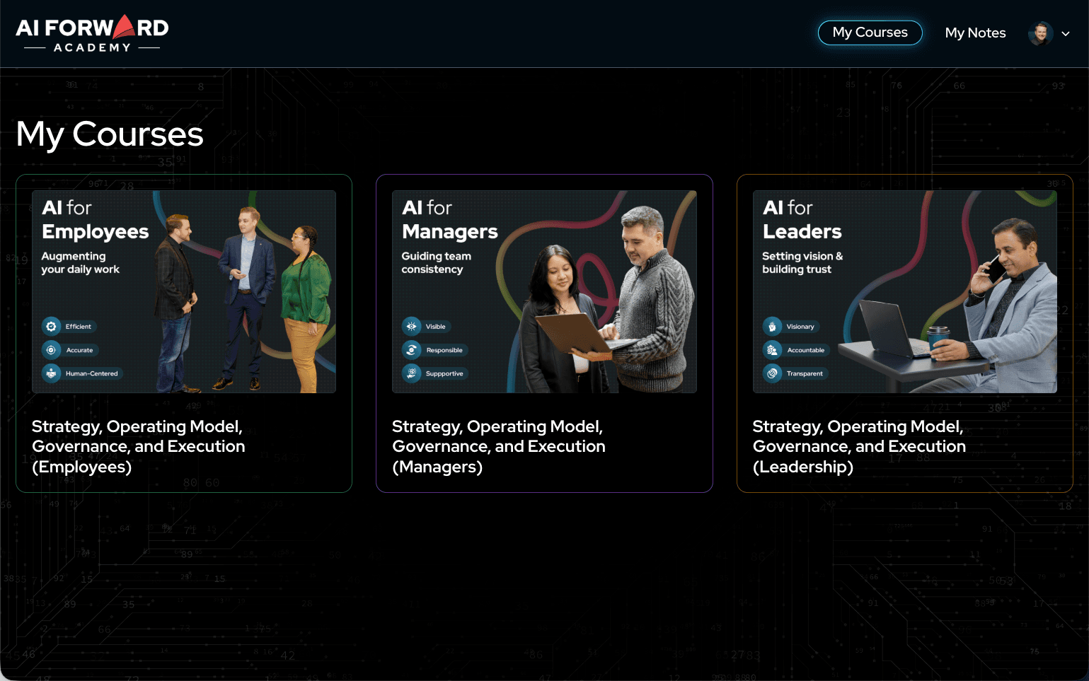 Screenshot of AI Forward Academy platform with courses and learning paths